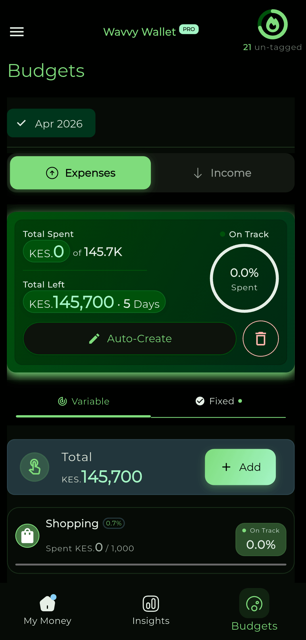 Wavvy Wallet Budgets overview and spending progress